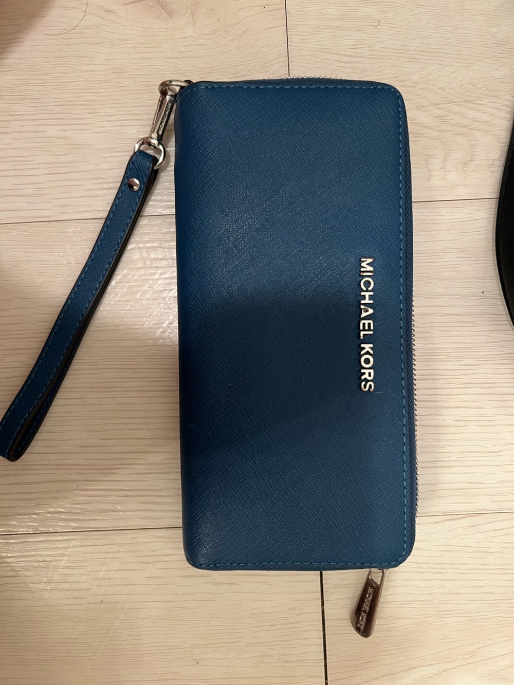 Michael Kors Blue Saffiano Leather Wristlet with Silver Logo